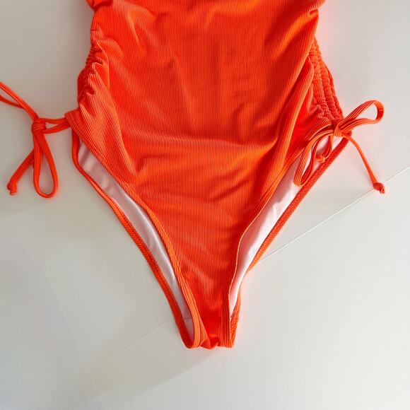 [Viottiset] Neon Orange Ribbed Ruched High Cut Cheeky One-Piece Swimsuit Size XL - Picture 4 of 11